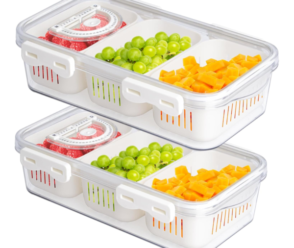 Refrigerator Storage Container, Portable, 3-Compartment Storage Box with Lid - Suitable for Refrigerator