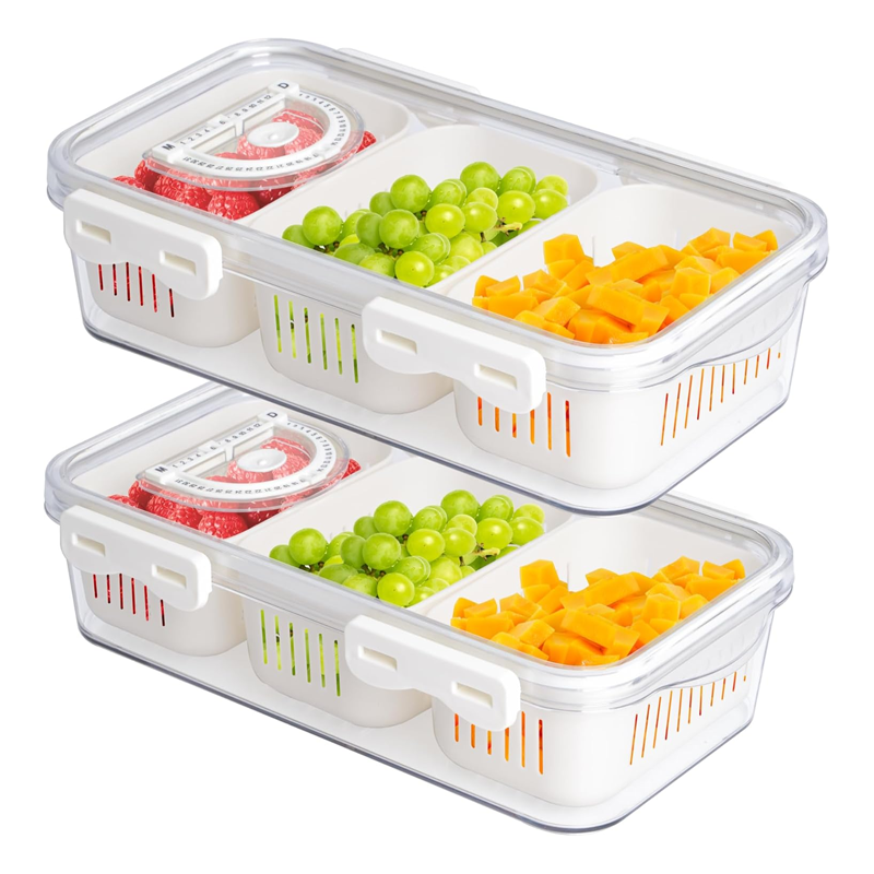 Refrigerator Storage Container, Portable, 3-Compartment Storage Box with Lid - Suitable for Refrigerator