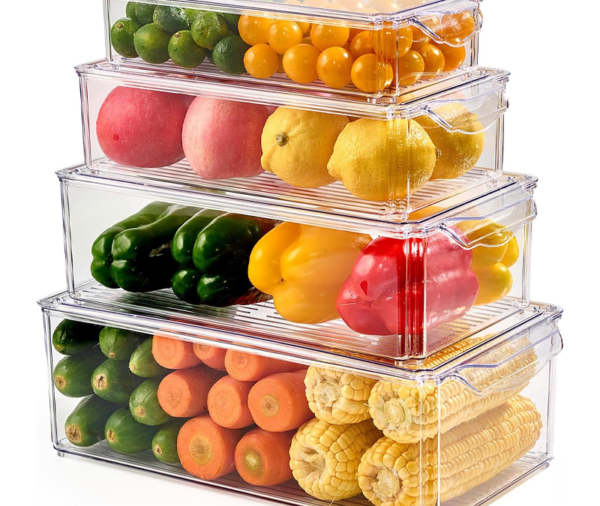 4-Piece Refrigerator Storage Box Set, Transparent Refrigerator Organizer Boxes, Stackable with Lids
