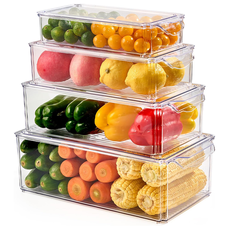 4-Piece Refrigerator Storage Box Set, Transparent Refrigerator Organizer Boxes, Stackable with Lids
